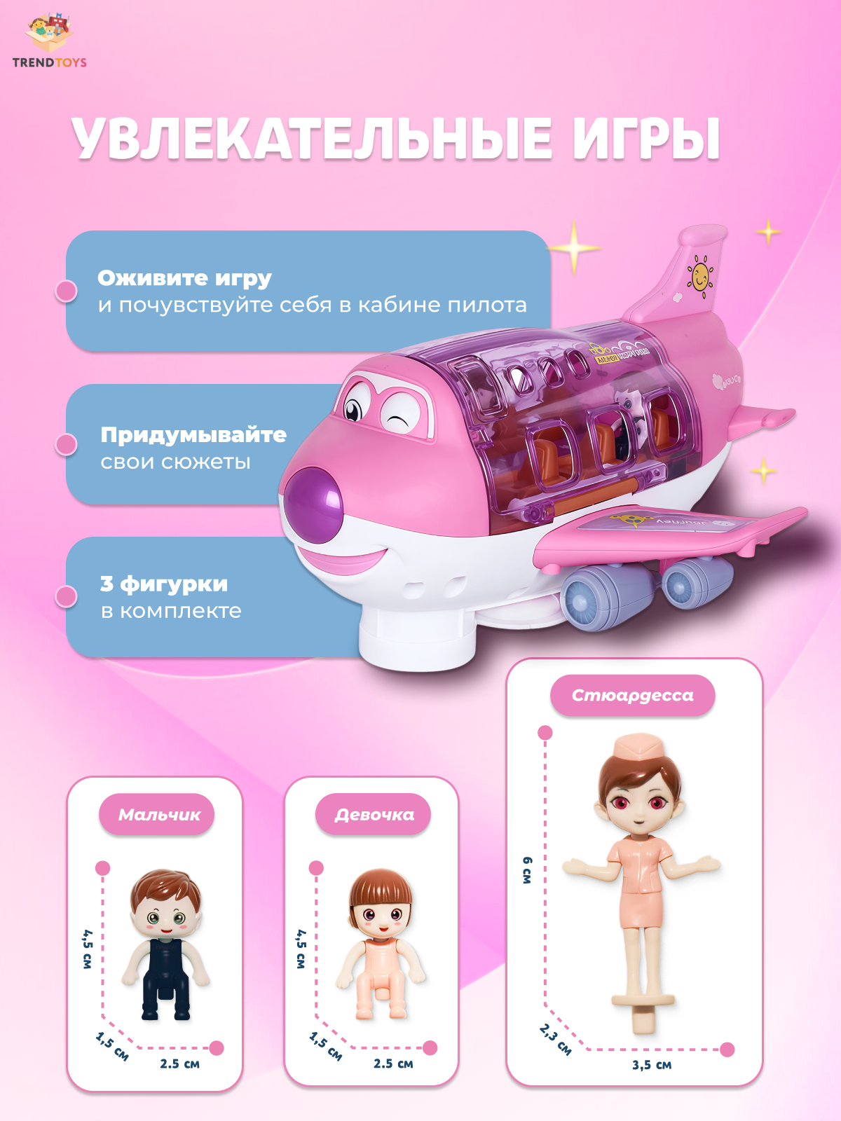 Самолет TrendToys розовый с пассажирами LDG169 - фото 6