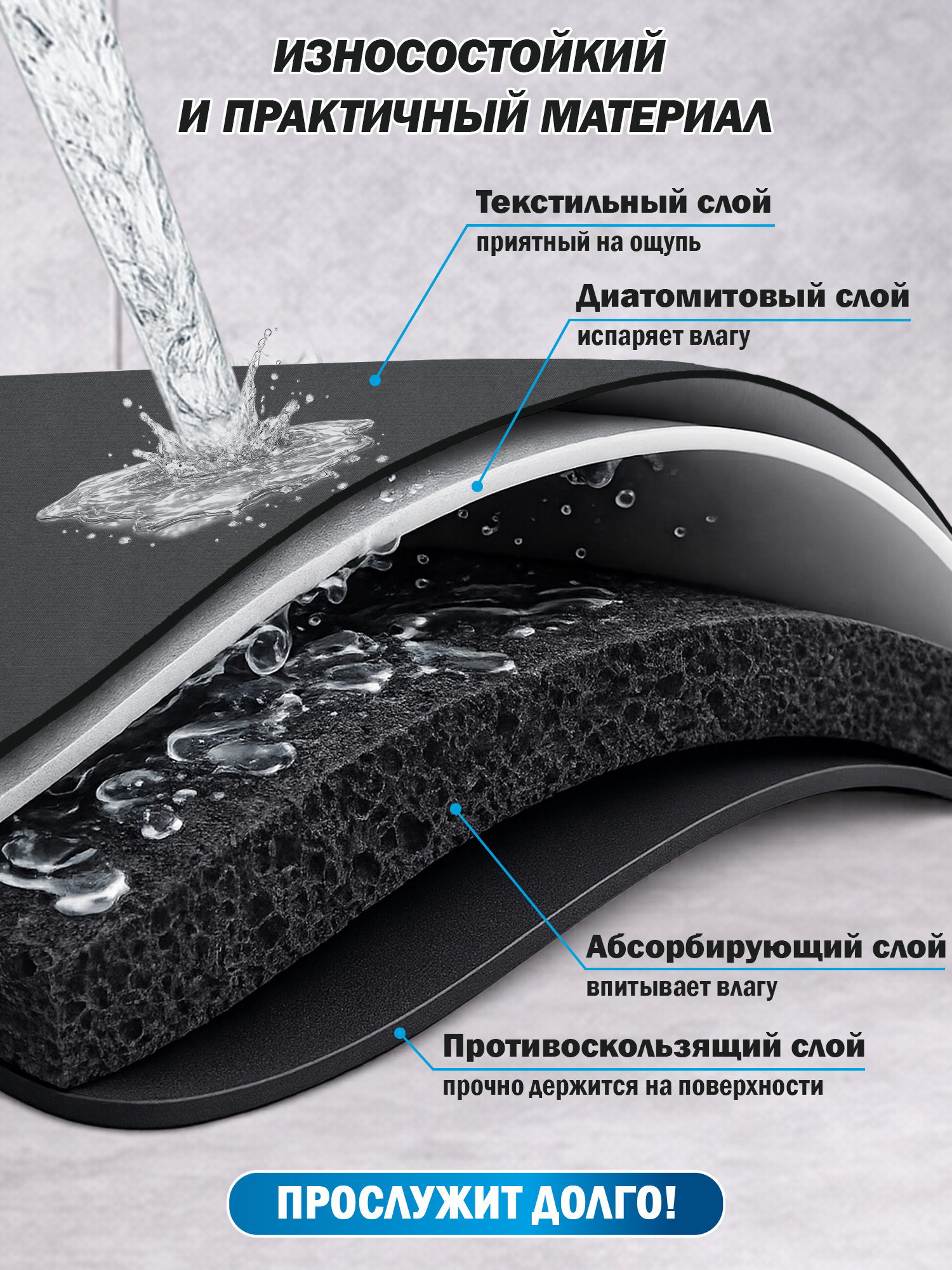 Коврик для сушки посуды BoomHouse нано впитывающий кухонный 30х40 см диатомитовый нескользящий - фото 3