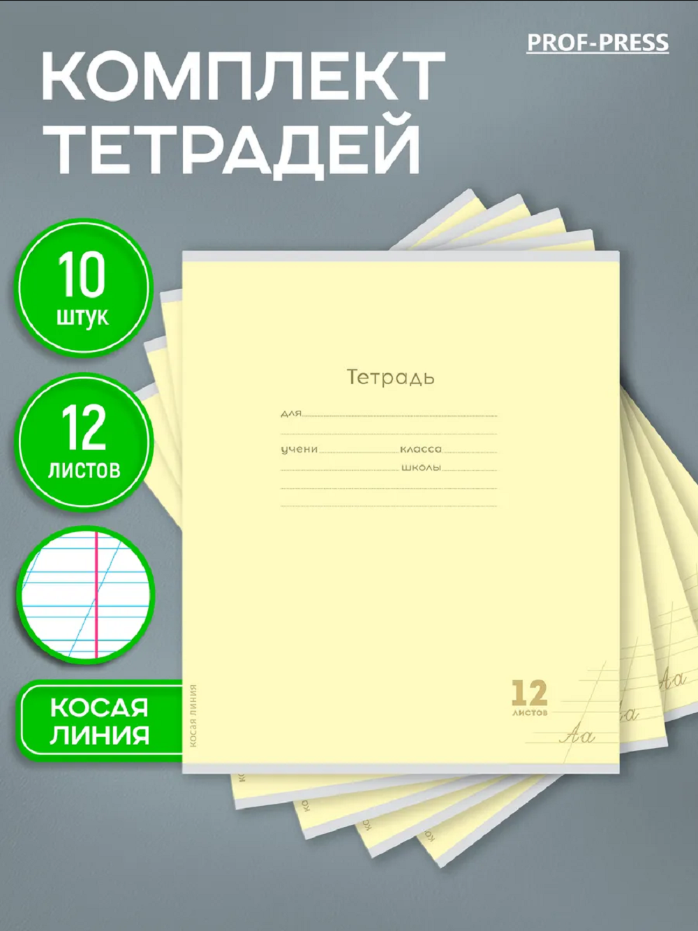 Тетрадь Prof-Press косая линейка 12 лист. 10 шт. - фото 1