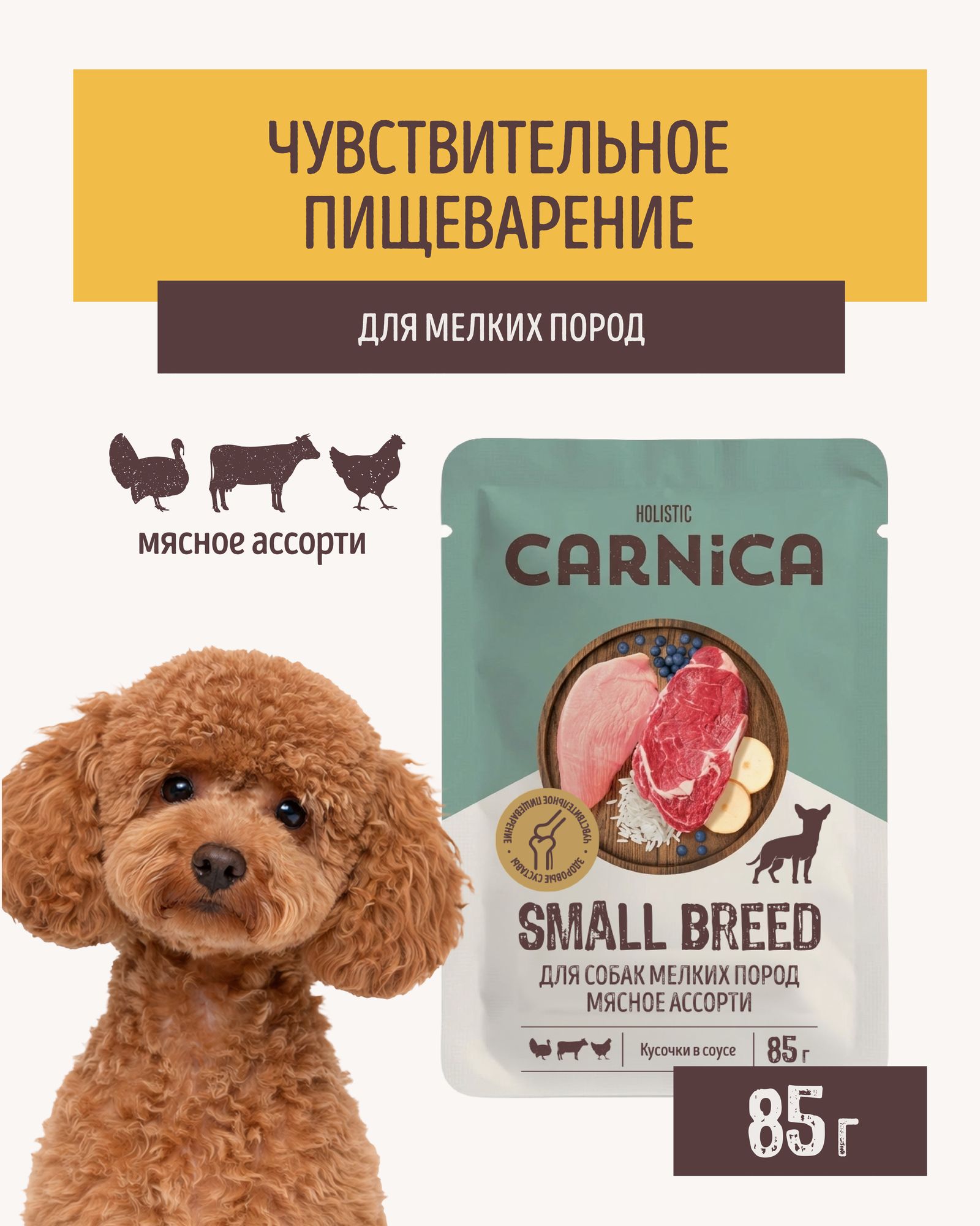Корм полнорационный для собак CARNICA для мелких пород кусочки с мясным ассорти в соусе консервированный 85г - фото 1