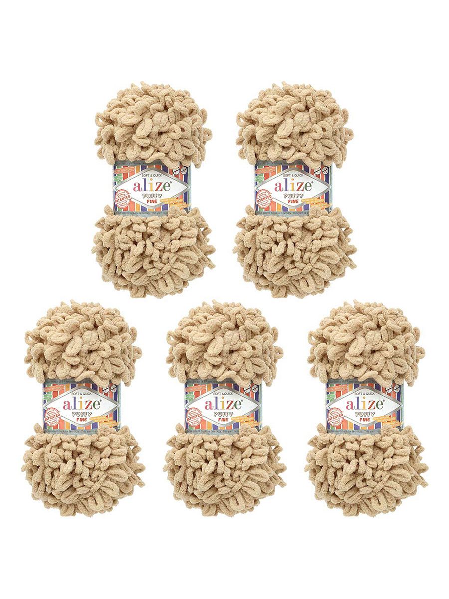 Пряжа для вязания Alize puffy fine 100 г 14.5 м микрополиэстер фантазийная мягкая 415 песочный 5 мотков - фото 6
