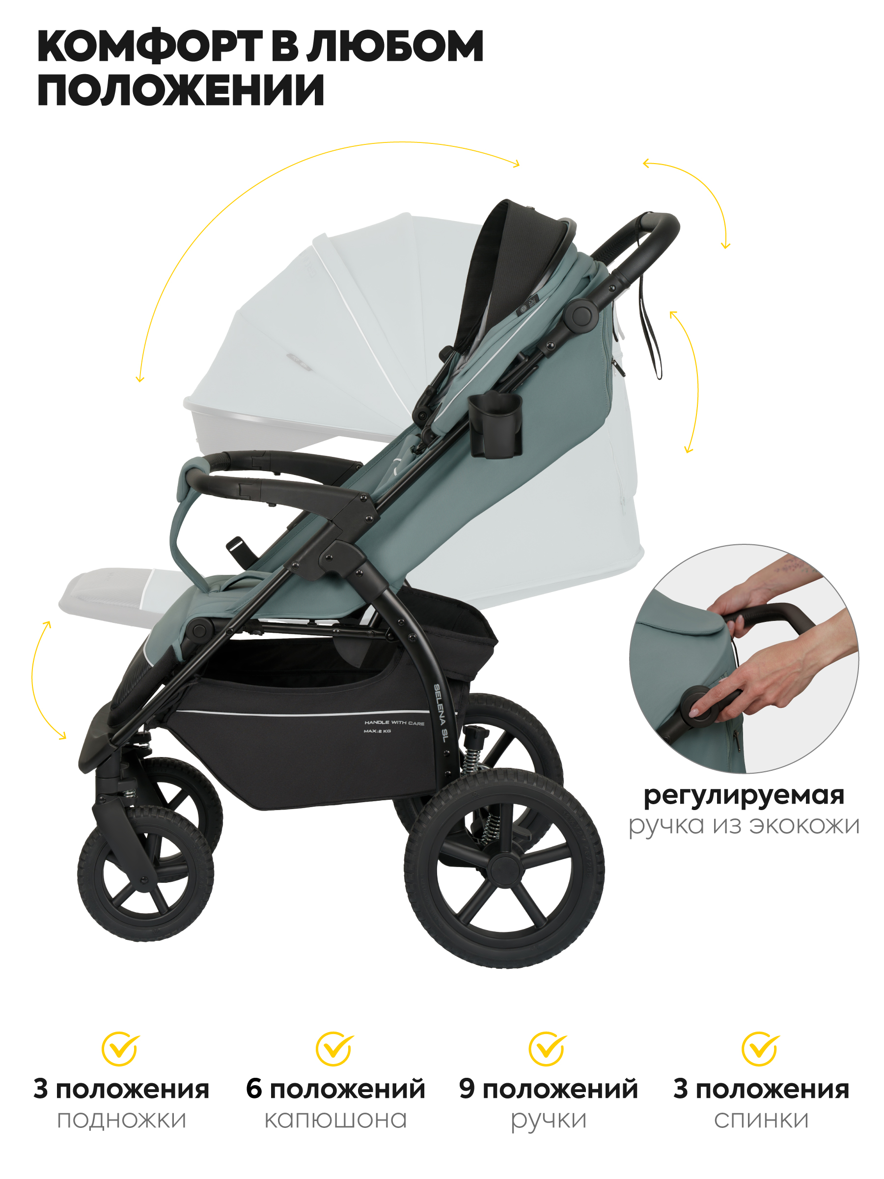 Коляска прогулочная JOVOLA Selena SL, всесезонная зеленый - фото 7