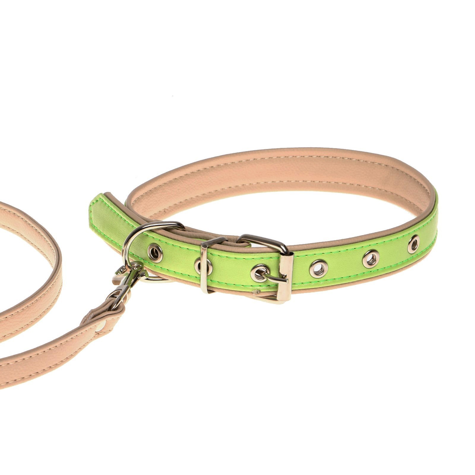 Комплект Пушистое счастье ошейник и поводок из экокожи салатовый с бежевым - фото 3