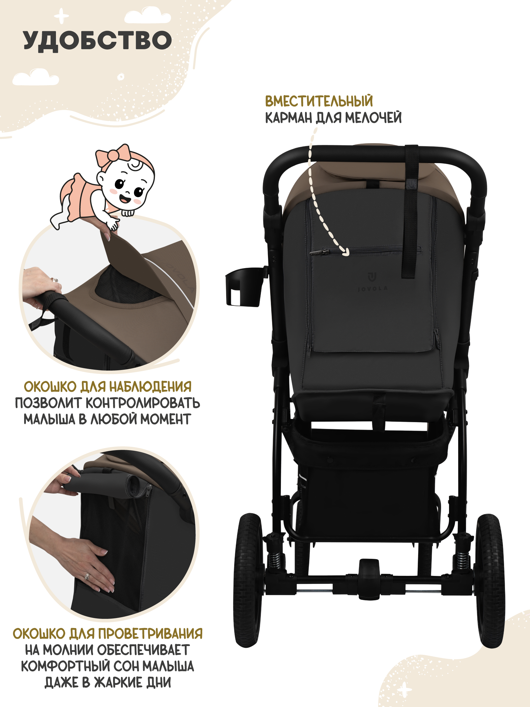 Коляска прогулочная JOVOLA Selena SL темно-бежевый-серый - фото 7
