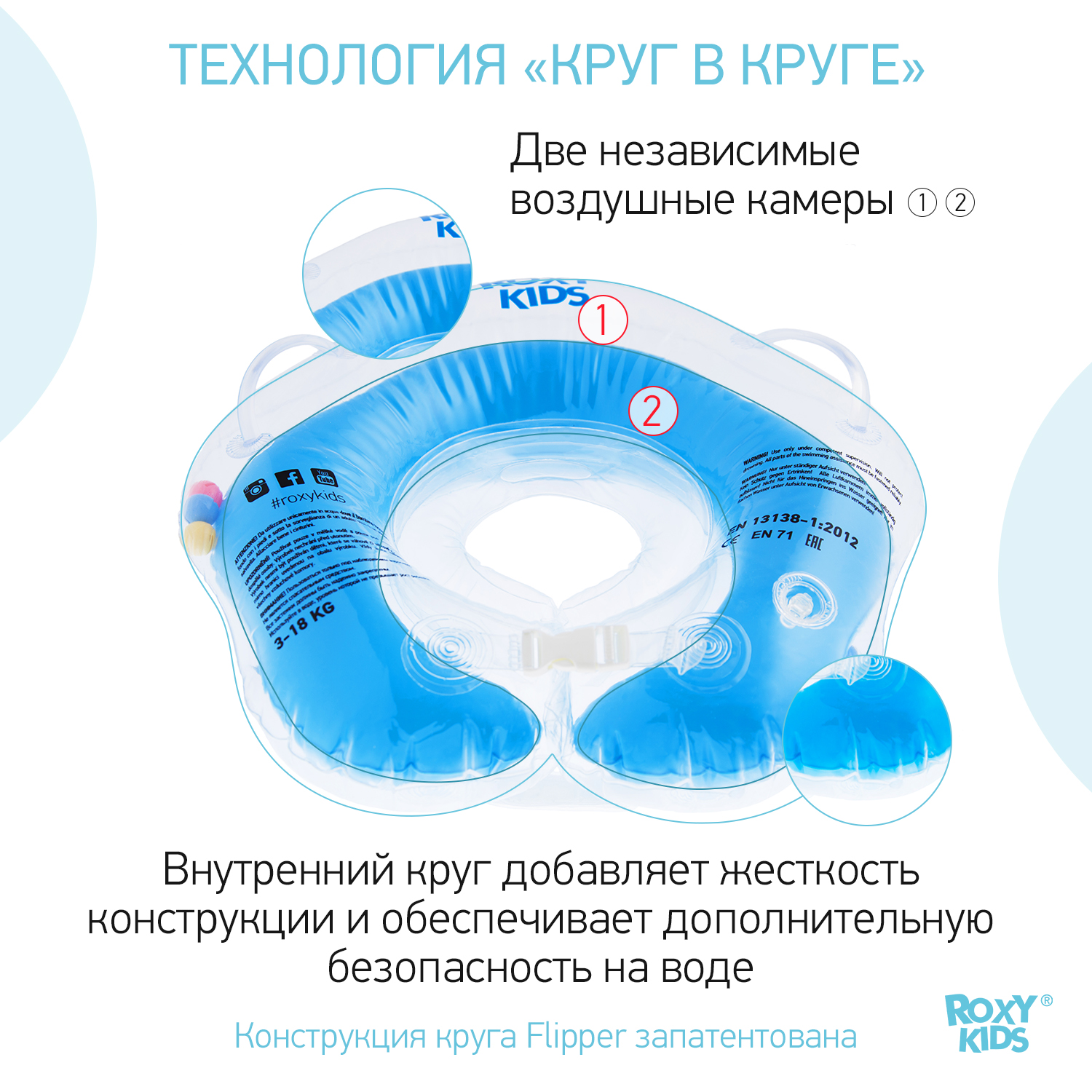 Круг для купания ROXY-KIDS надувной на шею Flipper голубой - фото 3