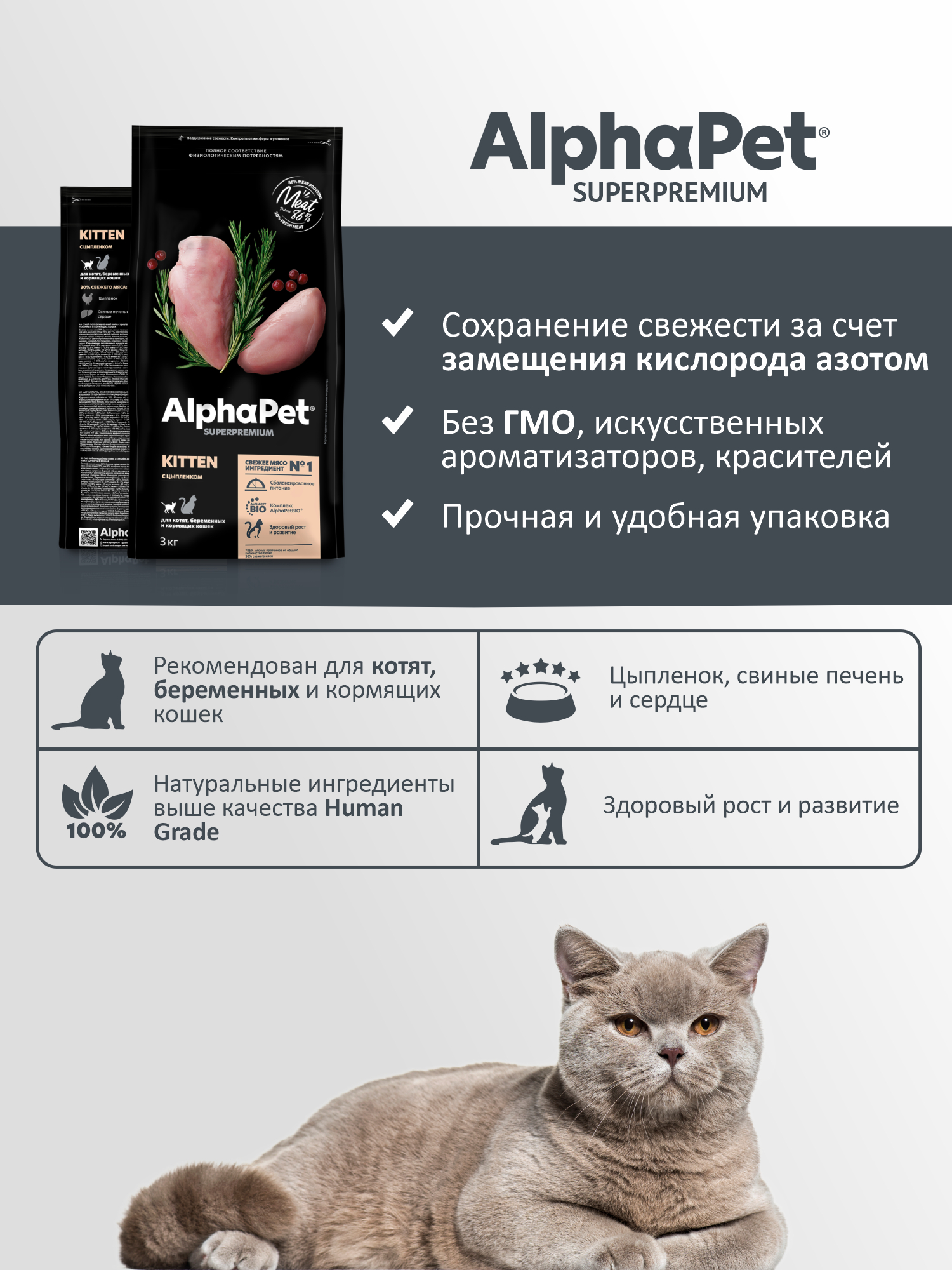Сухой полнорационный корм холистик AlphaPet с цыпленком для котят, беременных и кормящих кошек AlphaPet Superpremium 3 кг - фото 6