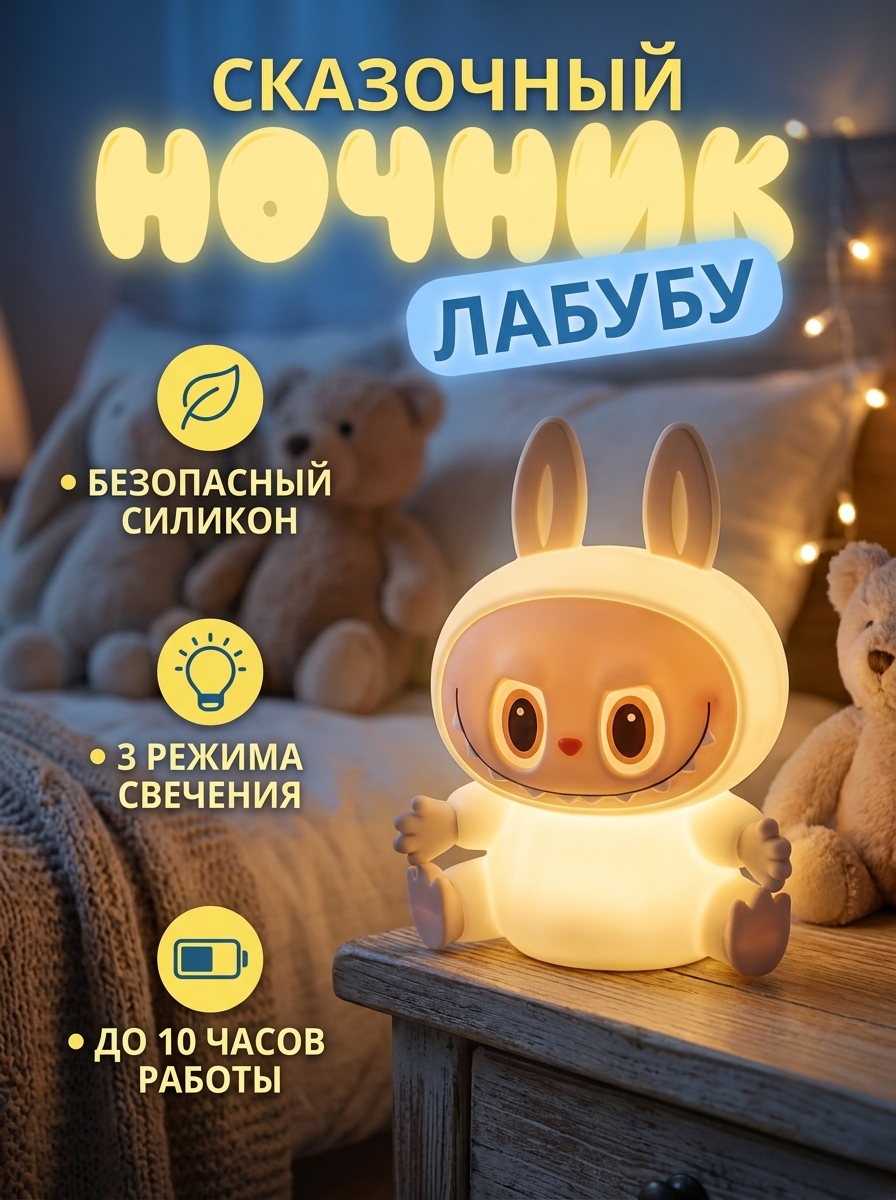 Игрушка ночник FUMIKO Лабубу желтый - фото 1