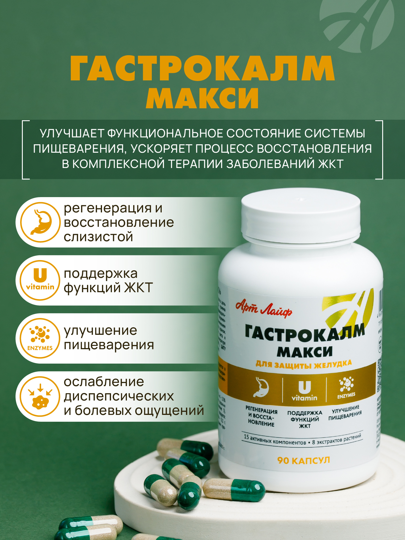 Заживляет язвы желудка и кишечника. Арт Лайф Гастрокалм Макси, 90 капсул. - фото 2