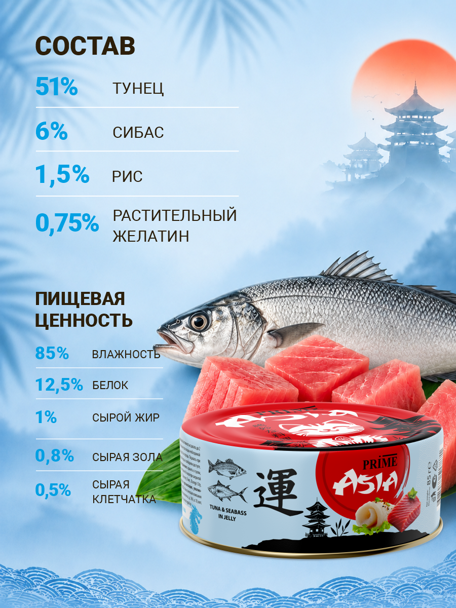 Корм для кошек влажный Prime ASIA Тунец с сибасом в желе жб 85г 12 шт. - фото 6
