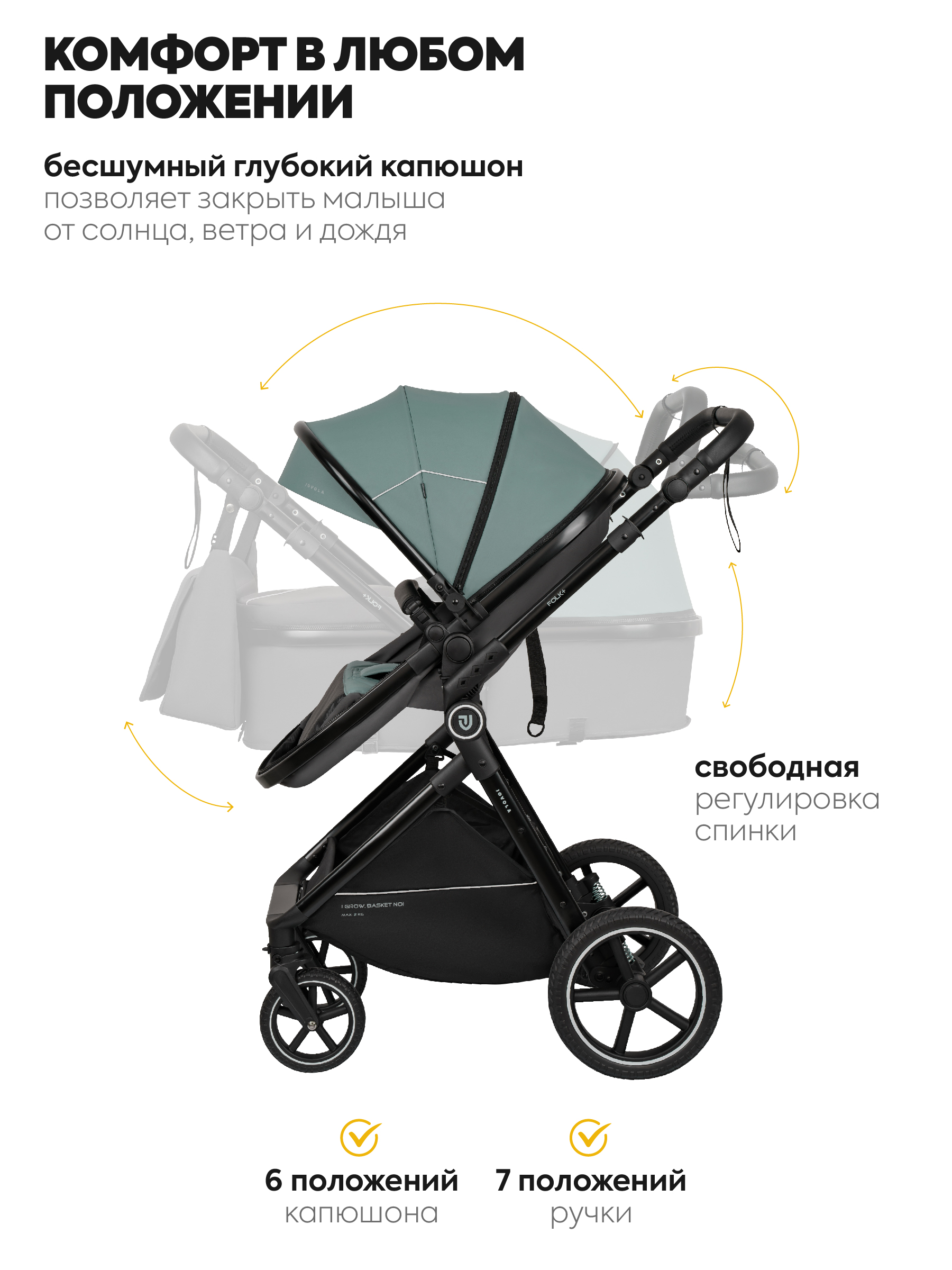 Коляска трансформер JOVOLA Folk+ 3в1 зеленый - фото 4