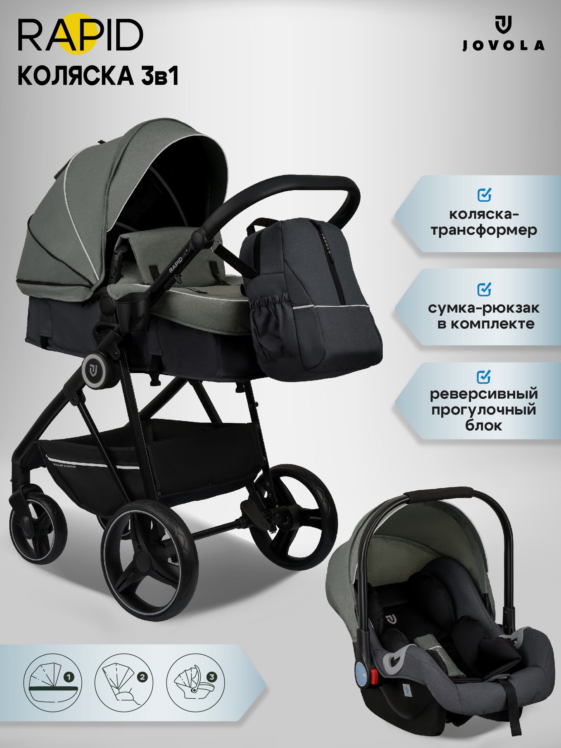 Коляска трансформер JOVOLA RAPID 3в1 зеленый - фото 1
