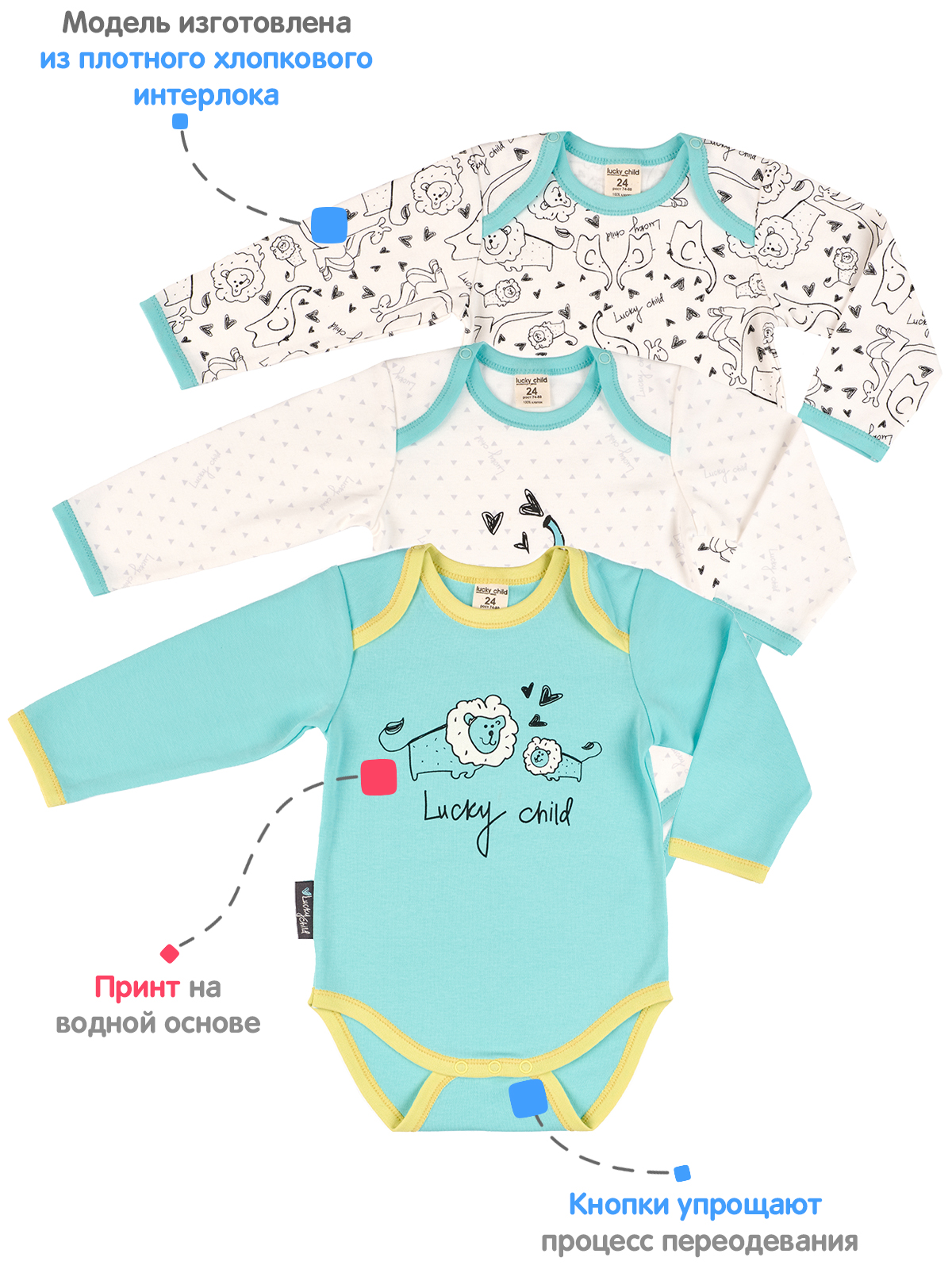 Боди 3 шт Lucky Child 30-122/0-2/набивной/мятный - фото 4