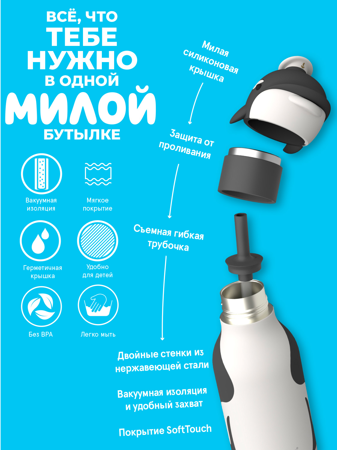 Термос для воды с трубочкой ASOBU Bestie Косатка 460 мл - фото 3