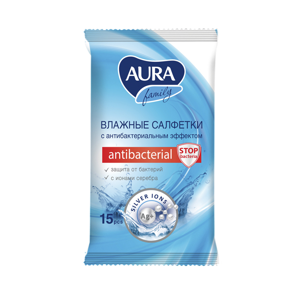 Влажные салфетки AURA Antibacterial антибактериальные 15 шт. - фото 1