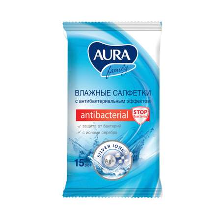 Влажные салфетки AURA Antibacterial антибактериальные 15 шт.