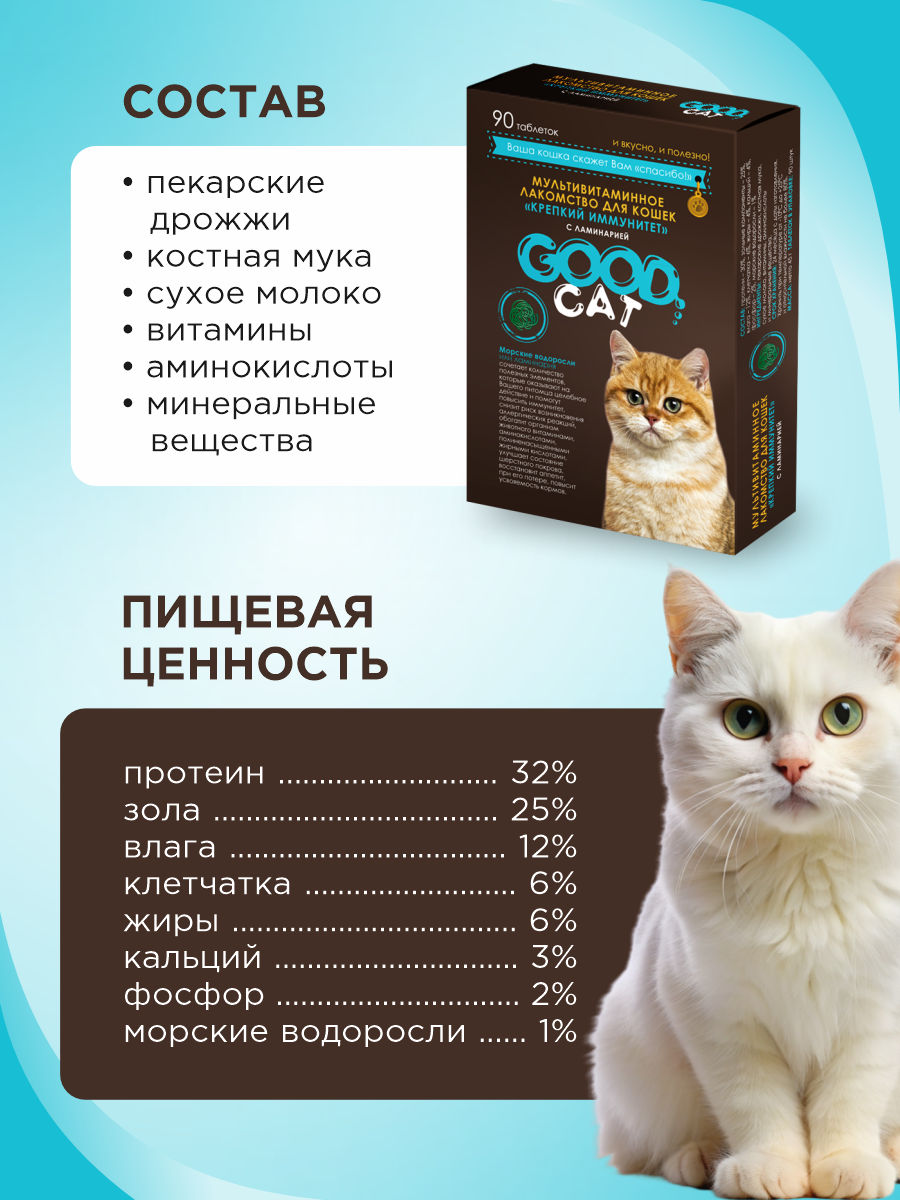 Полезное лакомство для кошек GOODR CAT Крепкий иммунитет с ламинарией 90 таб. - фото 7