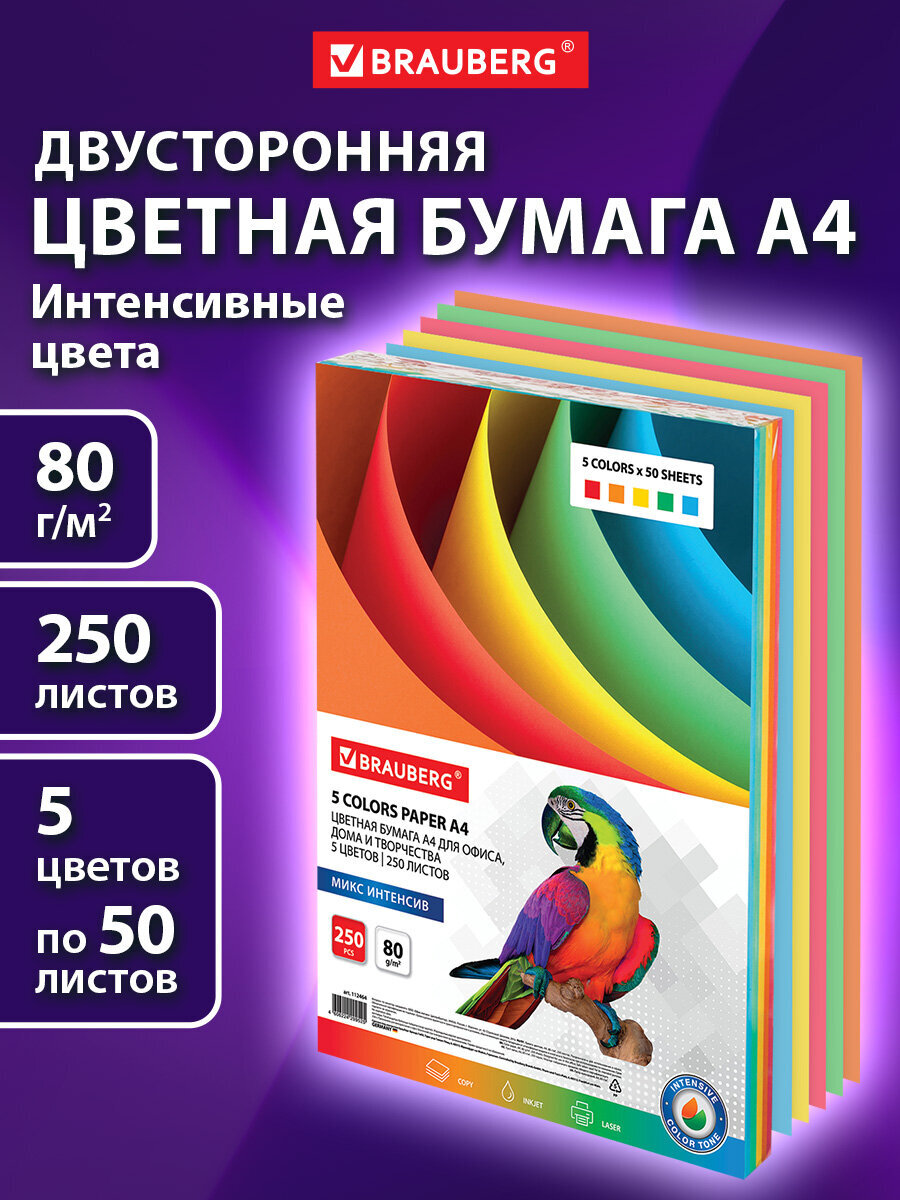 Изображение товара Цветная офисная бумага Brauberg 250 листов А4 80г/м2 яркая серий Standard intensive Изображение товара Цветная офисная бумага Brauberg 250 листов А4 80г/м2 яркая серий Standard intensive