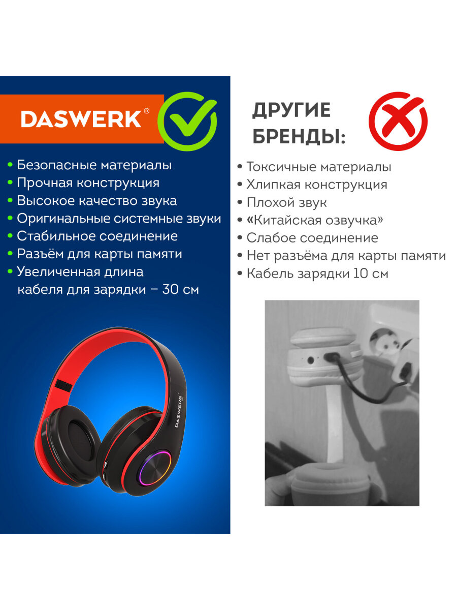 Наушники беспроводные DASWERK большие игровые с подсветкой накладные - фото 12