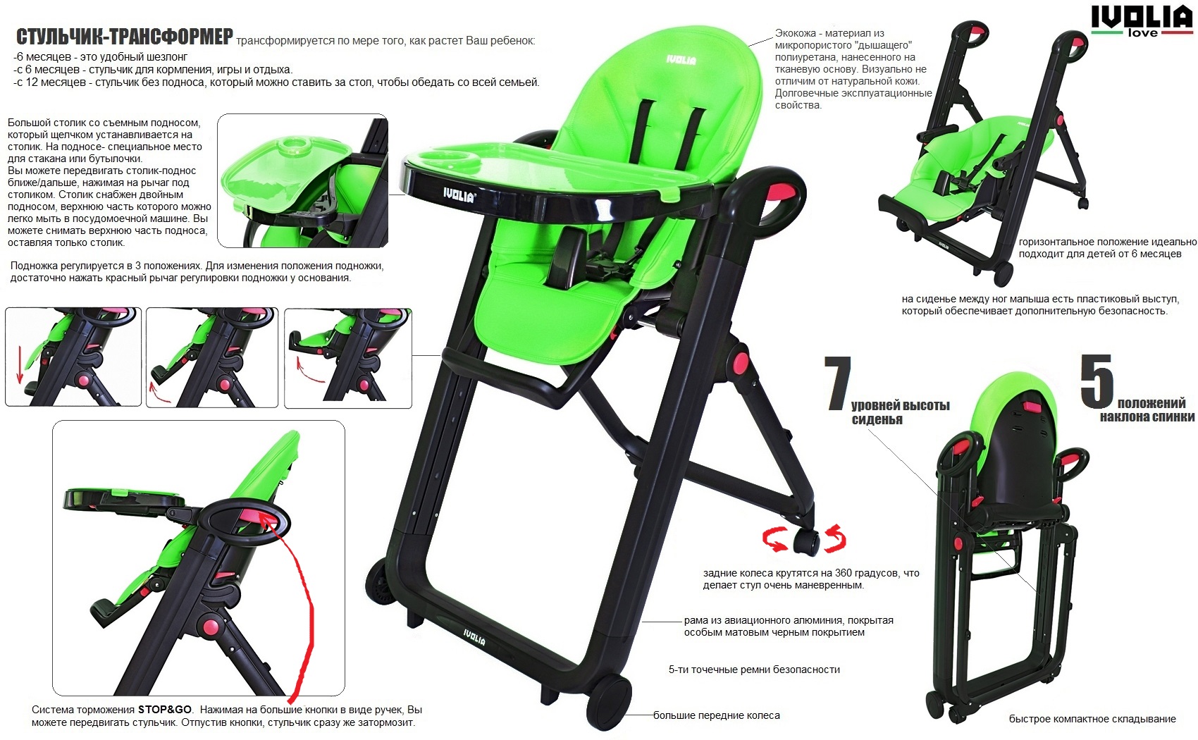 Стульчик для кормления Ivolia LOVE 02 4 колеса green трансформер - фото 20