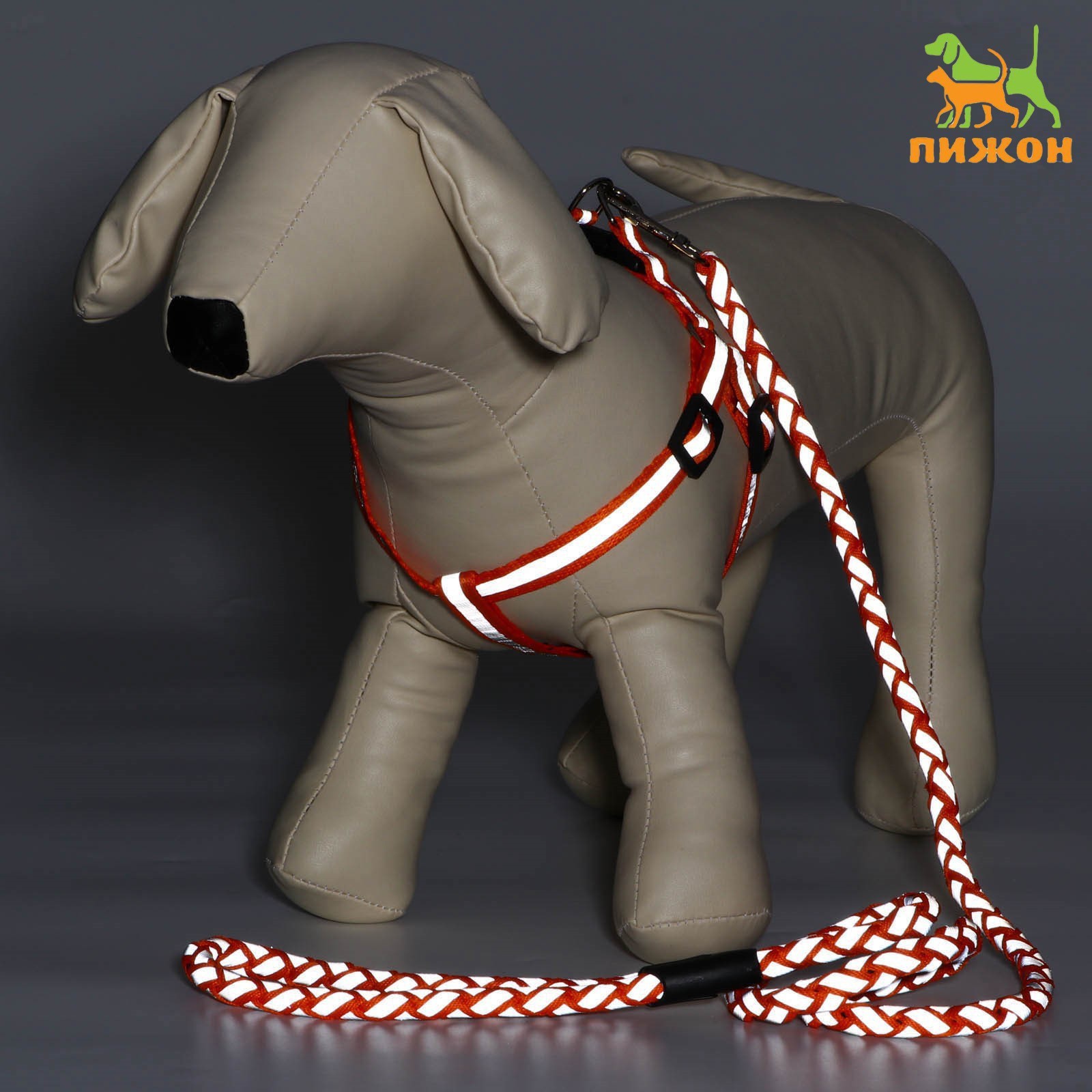 Комплект для собаки Пижон «Плетенка» флюорисцентный поводок 115 х 1 см и шлейка 32-48 см оранжевый - фото 1