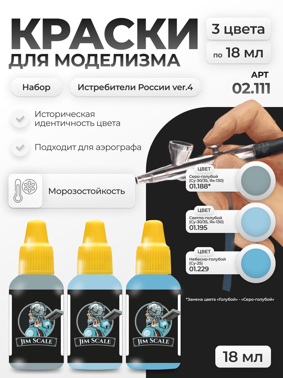 Набор красок Jim Scale Истребители России ver.3 3 цвета 02.111 - фото 1