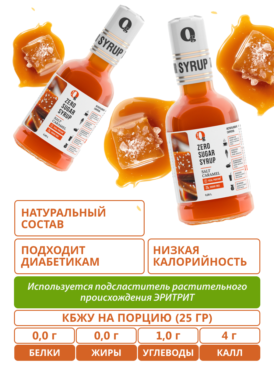 Набор сиропов Ноль грамм без сахара низкокалорийных миндаль 250 мл и соленая карамель 250мл - фото 3