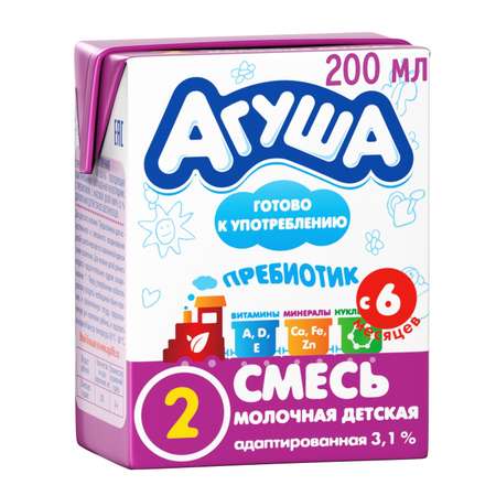 Смесь Агуша 2 сбалансированная стерилизованная 3.1% 0.2л с 6 месяцев