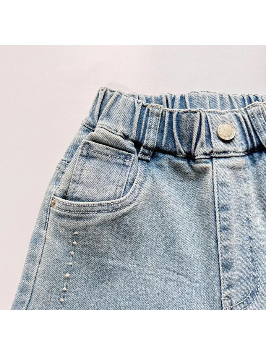 Джинсы iUkoworld Джинсы для девочки багги широкие на резинке - фото 4