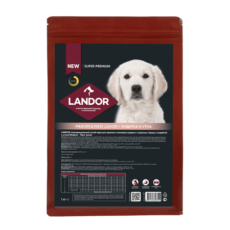 Корм для щенков Landor 1кг средних и крупных пород c индейкой и уткой сухой