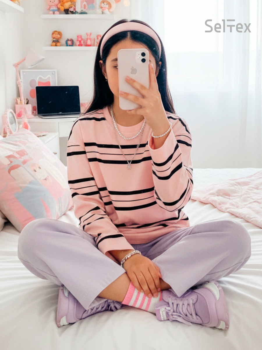 Лонгслив Селтекс Ю_ДК62 розовый/черный полоса - фото 1