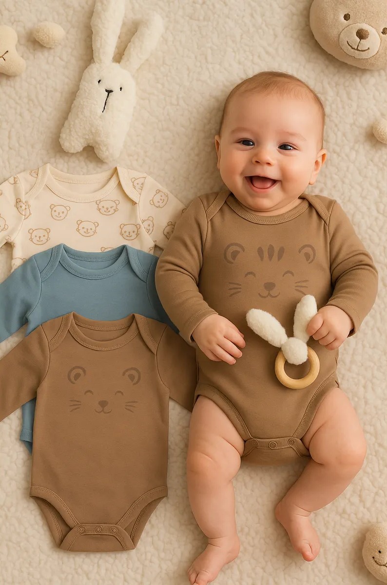 Боди 3 шт Mark Formelle (Марк Формэль) 13016-3/тигрята на пудре +песочный +сланец - фото 1