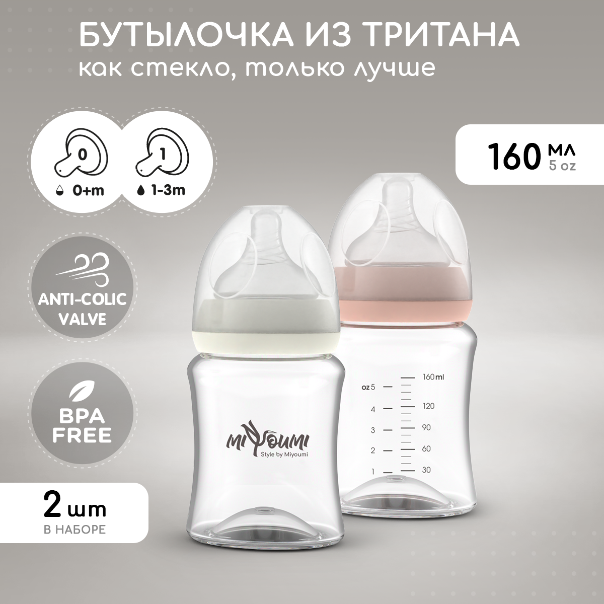 Бутылочка Miyoumi Anti-Colic 160 мл 2 шт. - фото 1