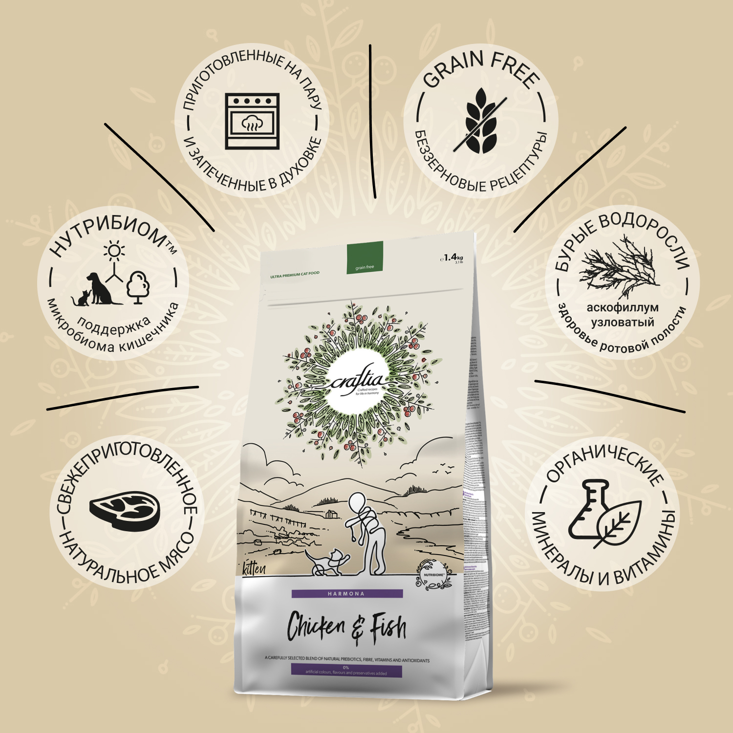 Корм для котят беременных и кормящих кошек CRAFTIA 1.4кг из курицы и рыбы harmona сухой - фото 3