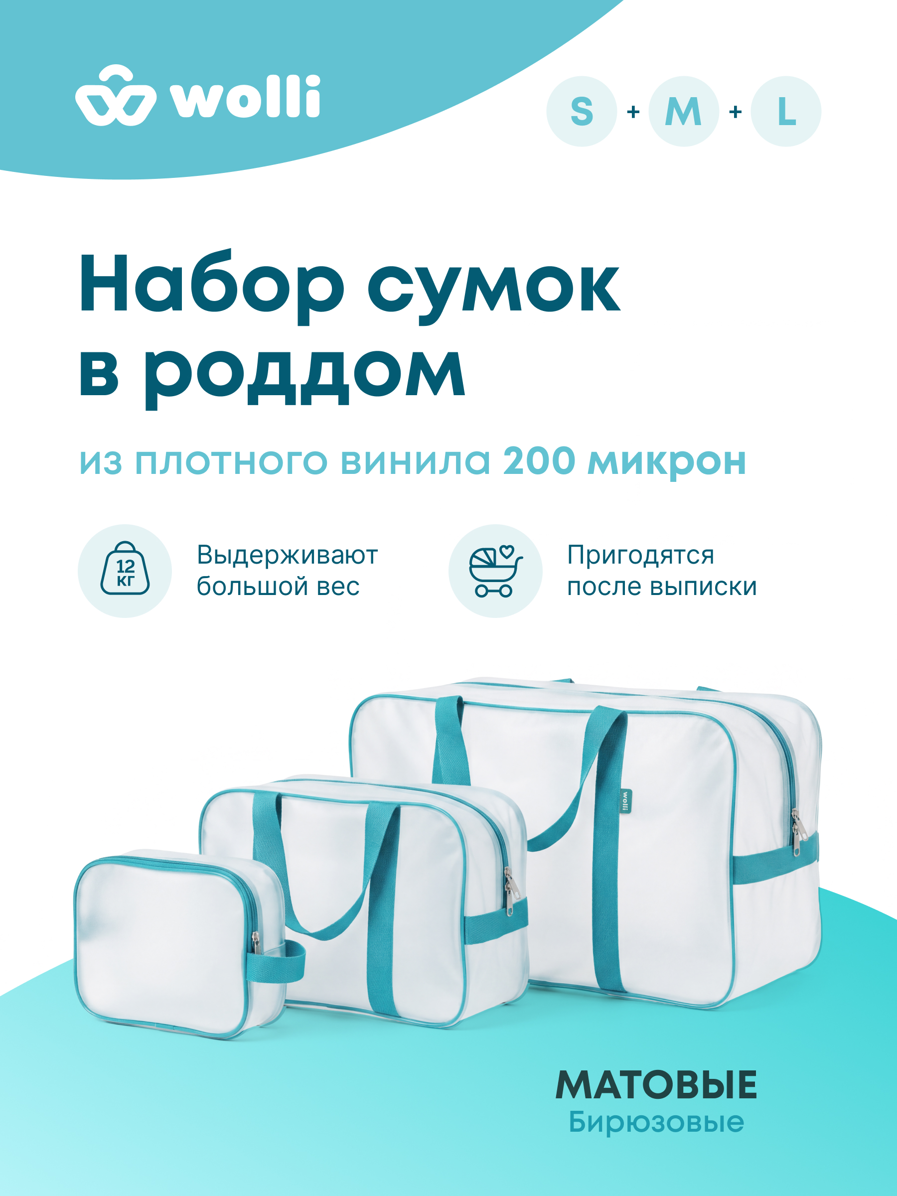 Сумка в роддом Wolli Матовый бирюзовый комплект 3 шт - фото 1