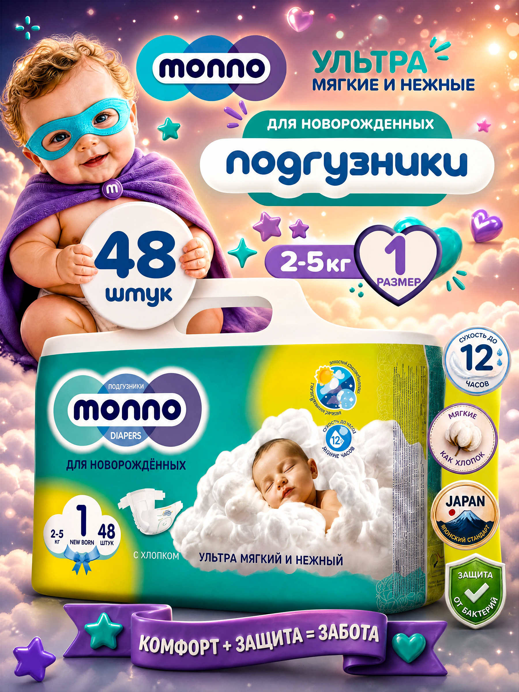 Подгузники Monno 1 (2-5 кг) 48 шт. - фото 1