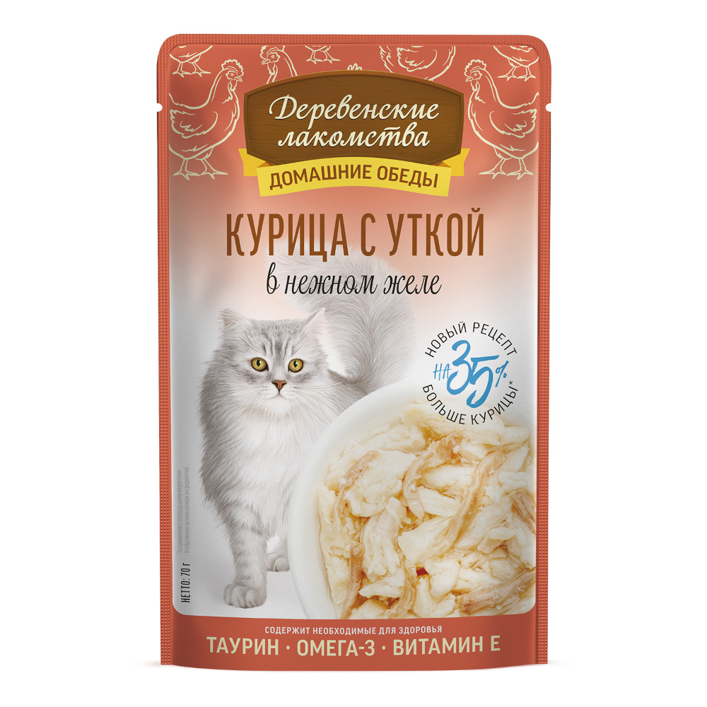 Корм для кошек Деревенские лакомства 70г курица с уткой в нежном желе пауч - фото 1