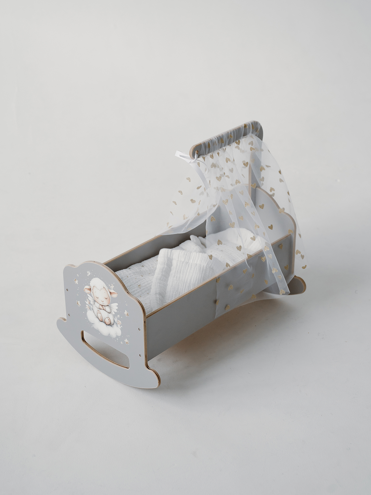 Аксессуар для кукол Pema kids кровать, люлька, бутылочка 475720 Кроватка 45 см с балдахином (Серый/Принт) - фото 12