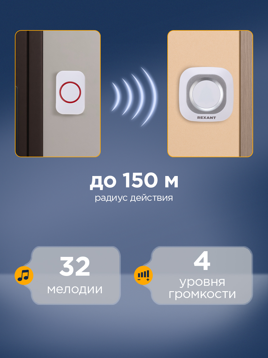 Беспроводной дверной звонок REXANT в розетку c цифровым кодированием мигающий 36 мелодий 150м IP44 - фото 2