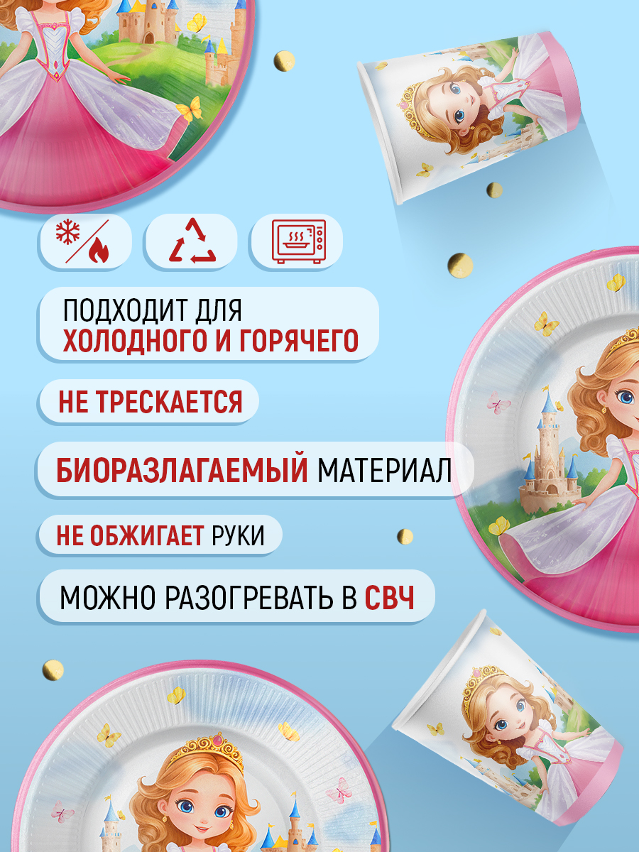 Посуда одноразовая для девочки Империя поздравлений Набор тарелок и стаканов Сказочная принцесса - фото 5