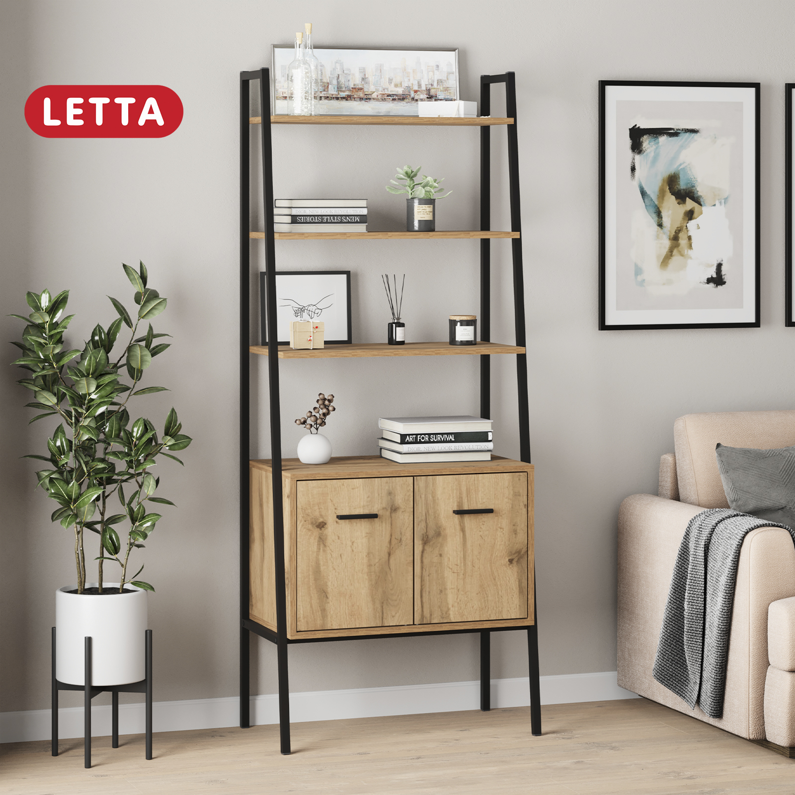 Стеллаж LETTA Этажерка Tokyo с дверками Дуб Вотан Черный металл 710х1750(h)х386 - фото 1
