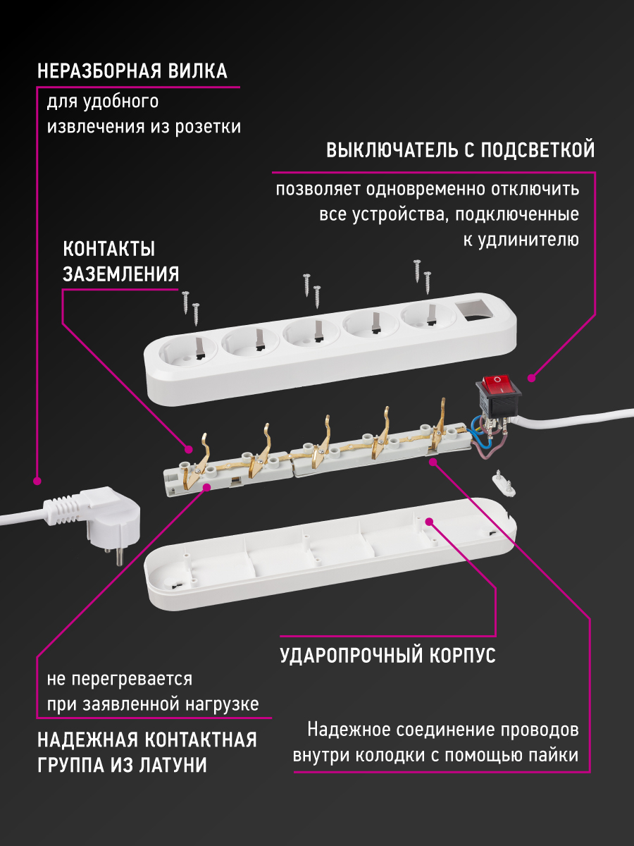 Удлинитель сетевой с заземлением ОНЛАЙТ 5 розеток 3 м 10А - фото 6