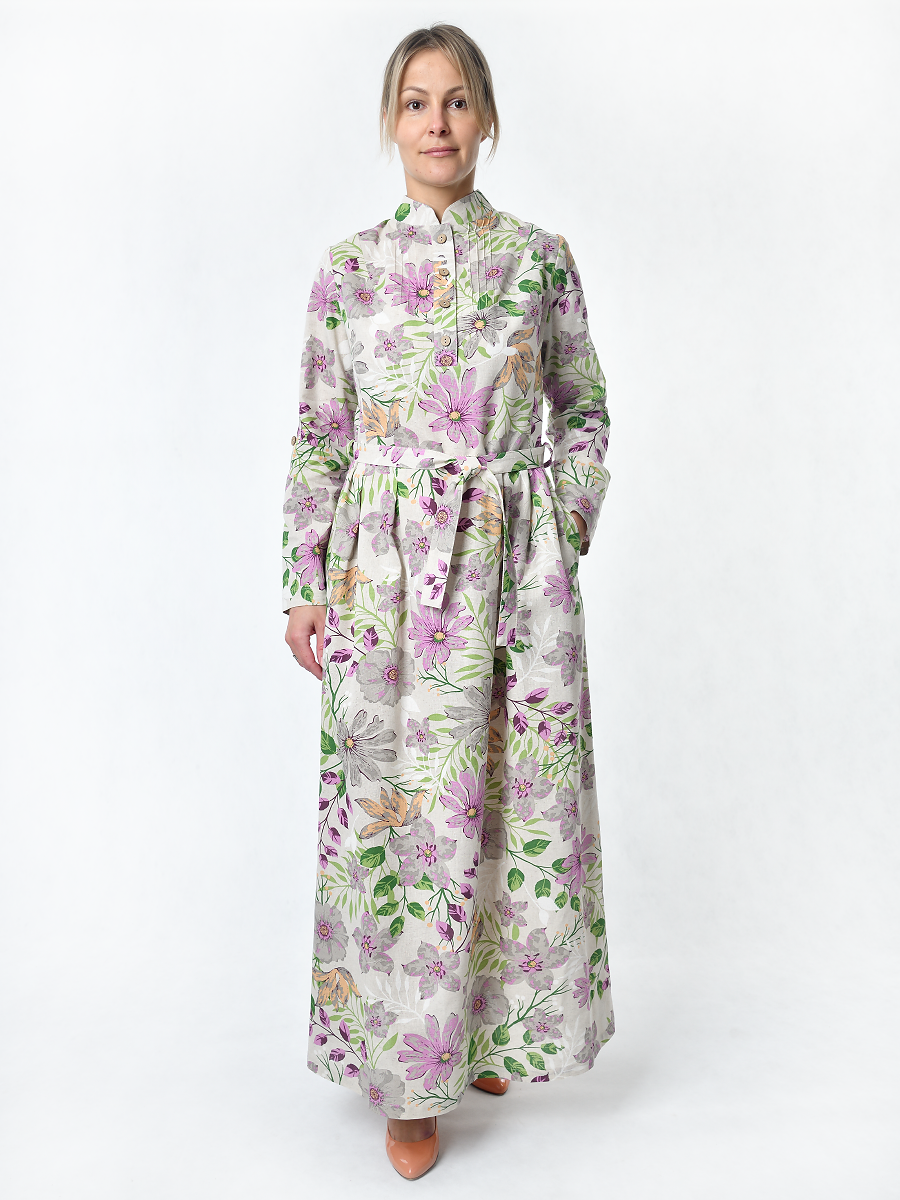 Платье Льняная Горница пл025-02/бежевый-сиреневый-зеленый - фото 3