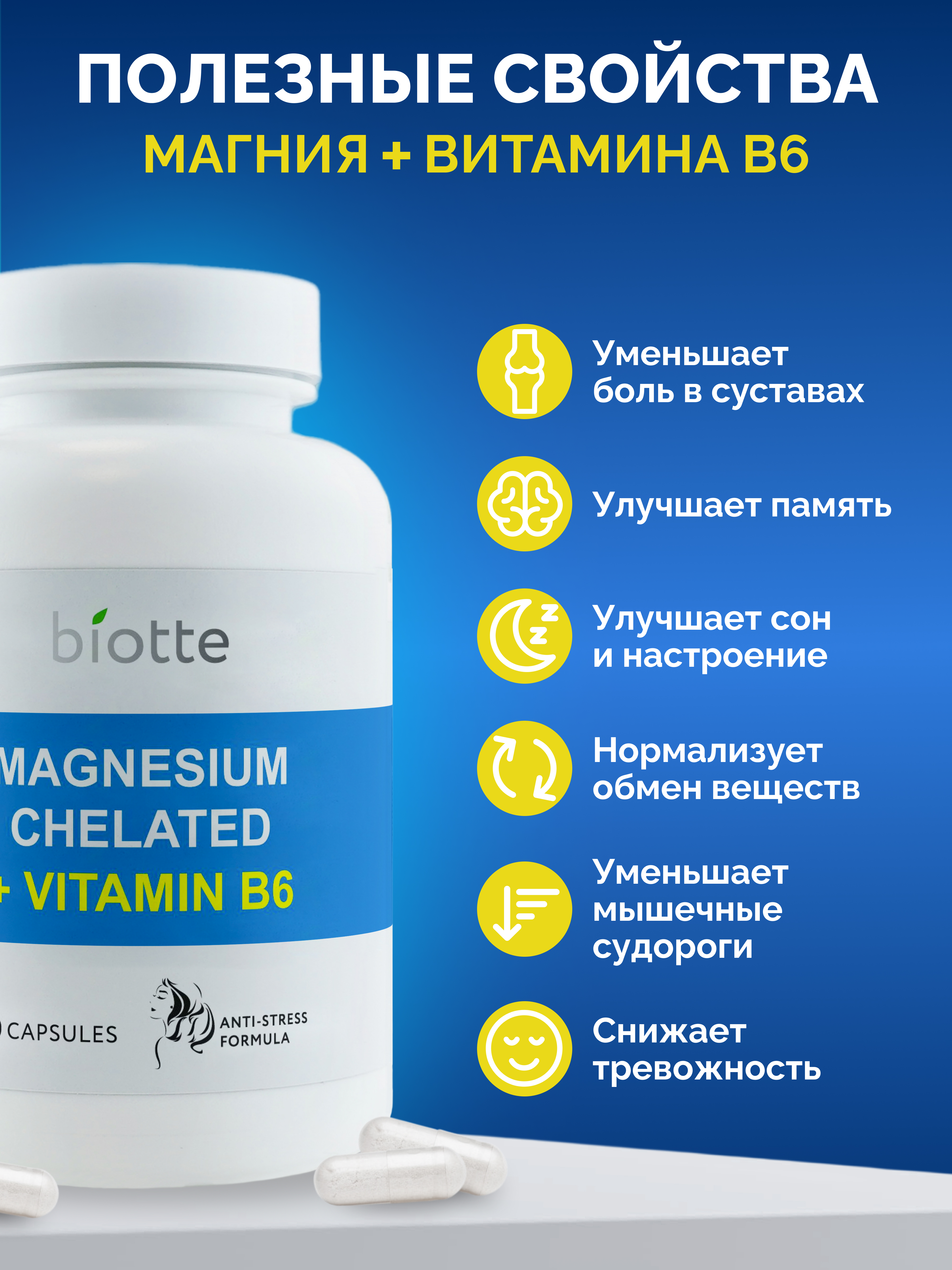 Магний с витамином В6 комплекс BIOTTE magnesium B6 для взрослых БАД 90 капсул - фото 3