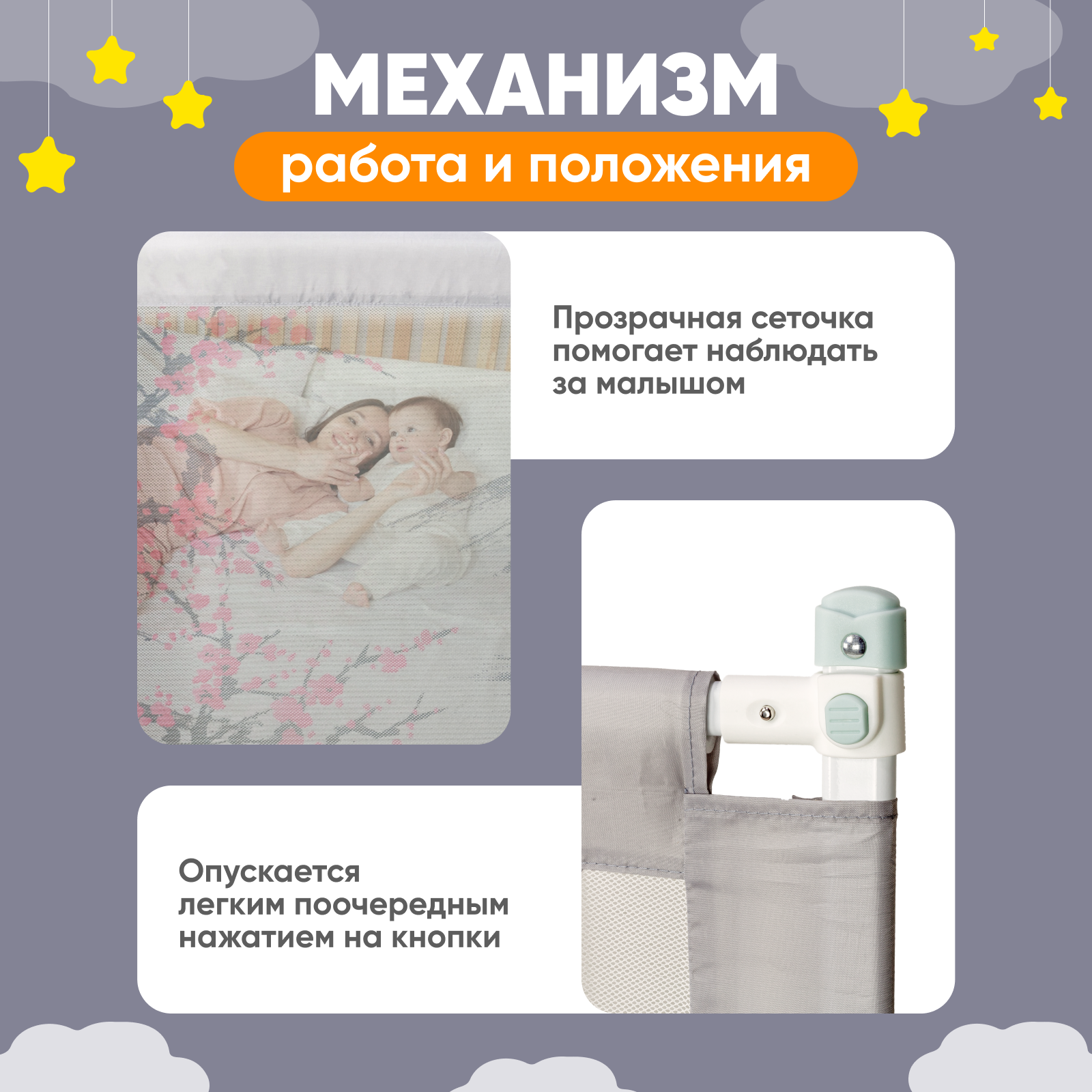 Бортики в кроватку для новорожденных 3шт Solmax защитный барьер от падения 200*160 см серый горы и сакура - фото 6