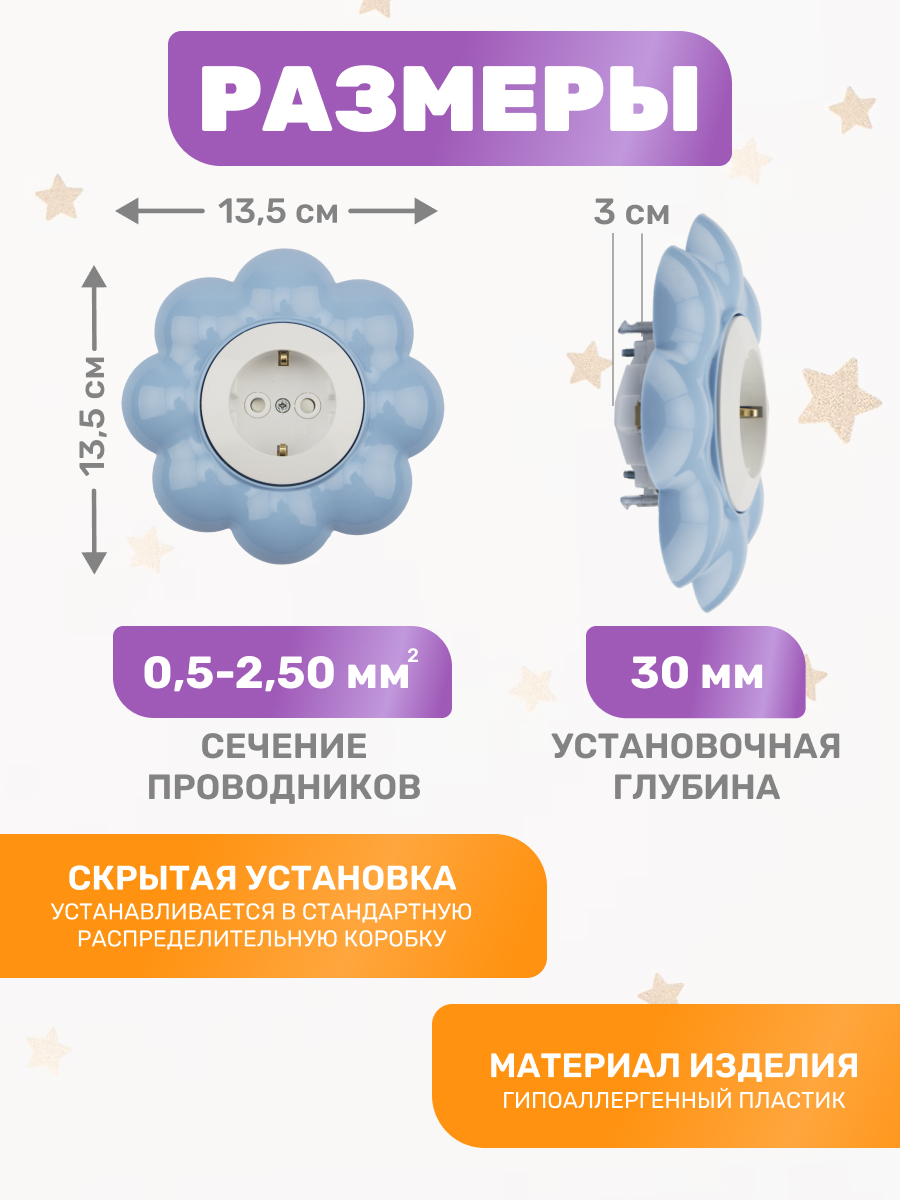 Розетка Kranz Happy «Цветок» с защитными шторками и заземлением бело-голубая - фото 2