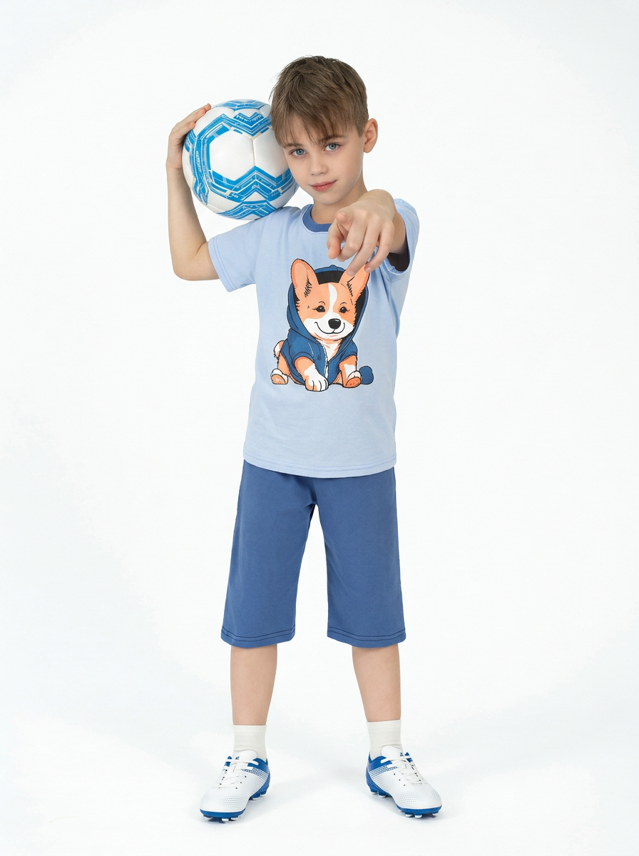 Футболка и шорты Утенок 7056п голубой джинс корги - фото 2