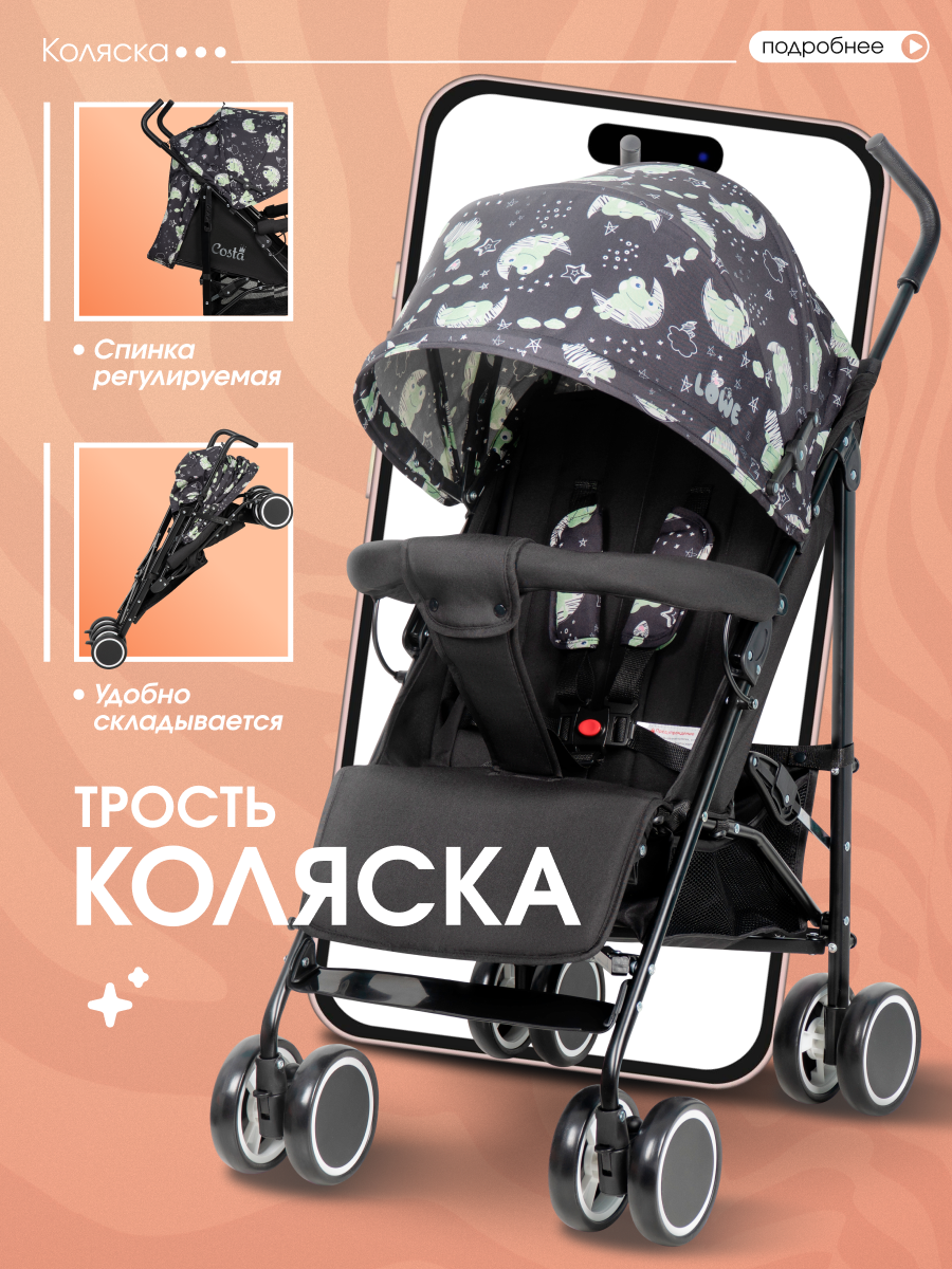 Коляска прогулочная Costa трость черный - фото 1