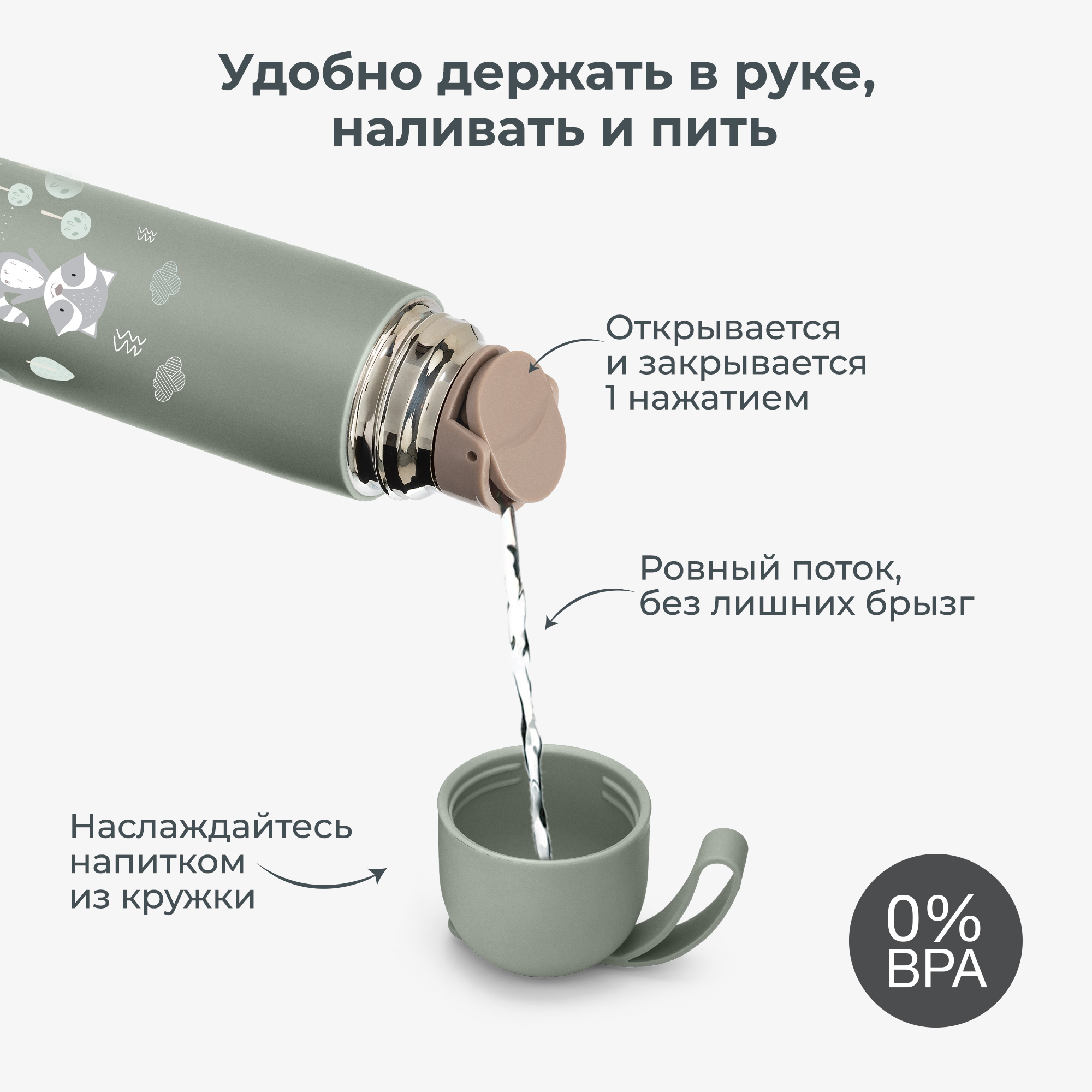 Термос детский для воды, чая, напитков Nuvita с кружкой и силиконовой ручкой 400 мл серо-зеленый - фото 6