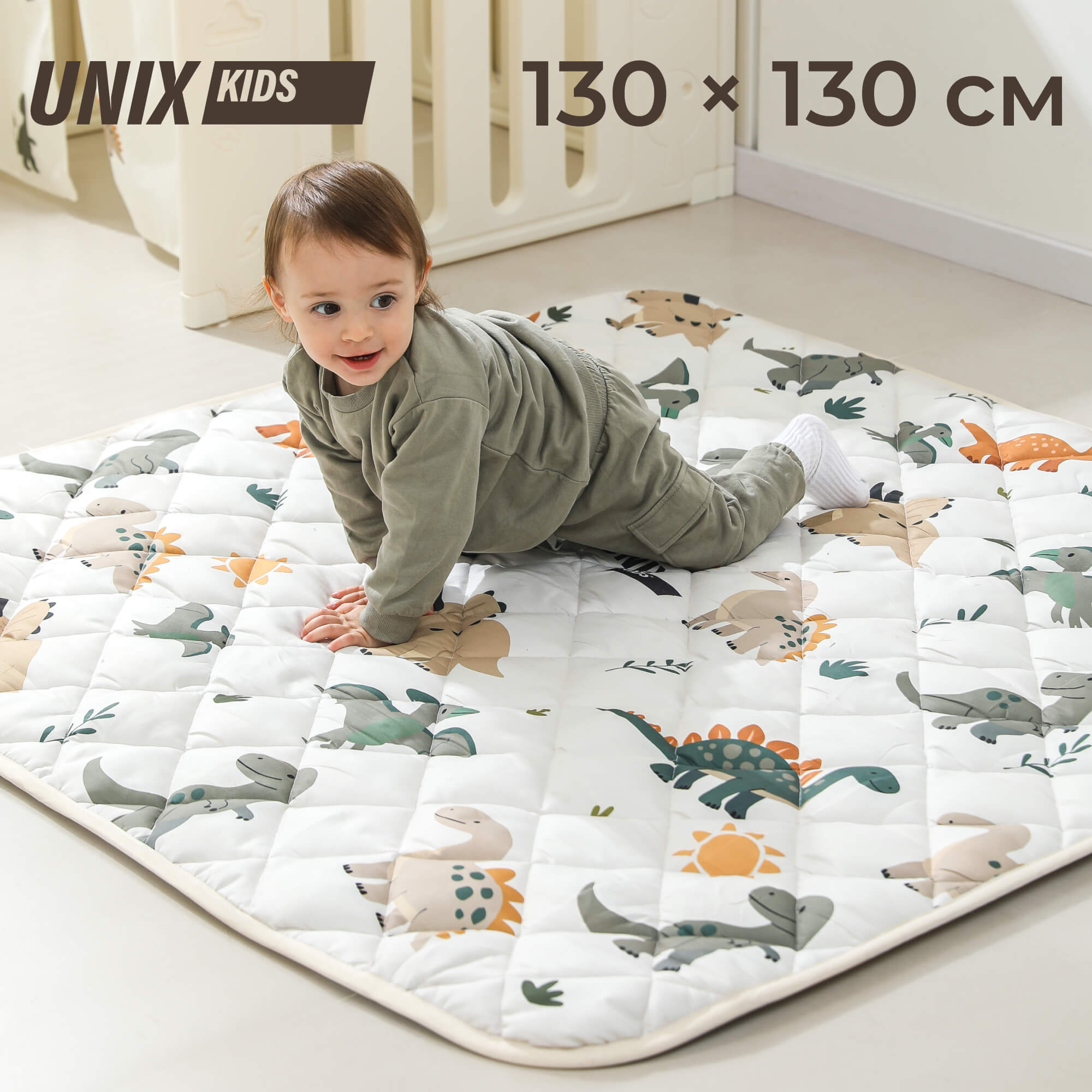 Детский складной коврик UNIX Kids Дино / Dino для игр, ползания 130 x 130 см - фото 1