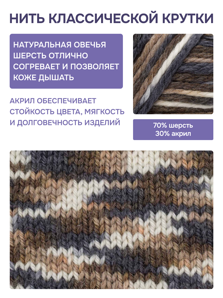 Пряжа для вязания Люблю Вязать Шерстяная секционная 100 г 125 м 3 шт - фото 2